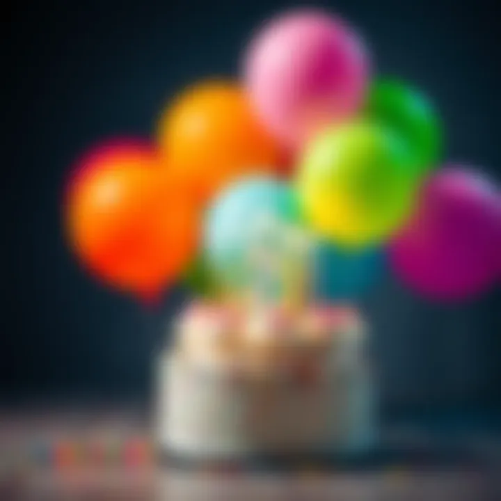 Colorful balloons and birthday cake with candles for April birthdays
