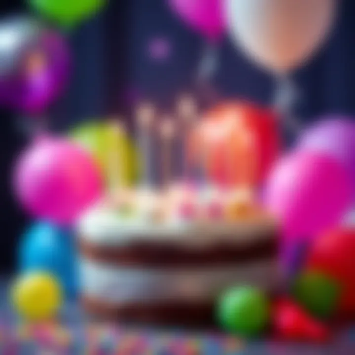 A colorful birthday cake with candles surrounded by festive balloons, symbolizing February birthday celebrations