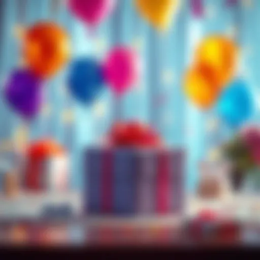 A festive birthday scene with balloons and a wrapped gift box on a table