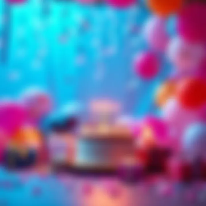 A colorful birthday scene with balloons, a cake, and gifts, representing a celebration and the excitement of receiving a birthday bonus