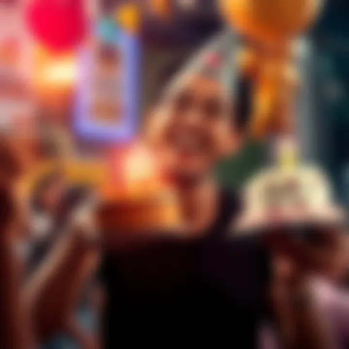 Birthday celebration with winnings A person celebrating their birthday with a big smile, holding cash in one hand and a small cake in the other.