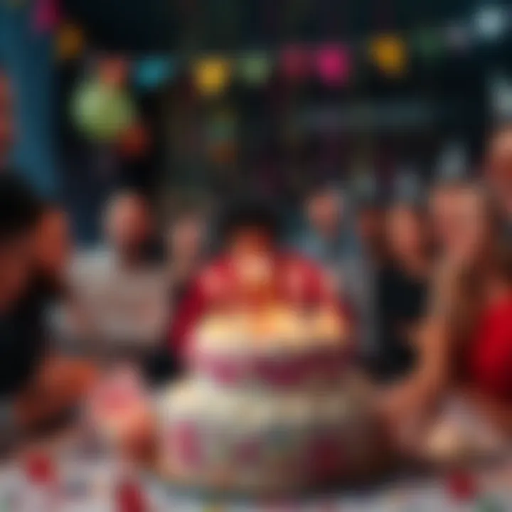 A group of diverse people looking disappointed at a birthday party, surrounded by half-hearted decorations and stale cake.