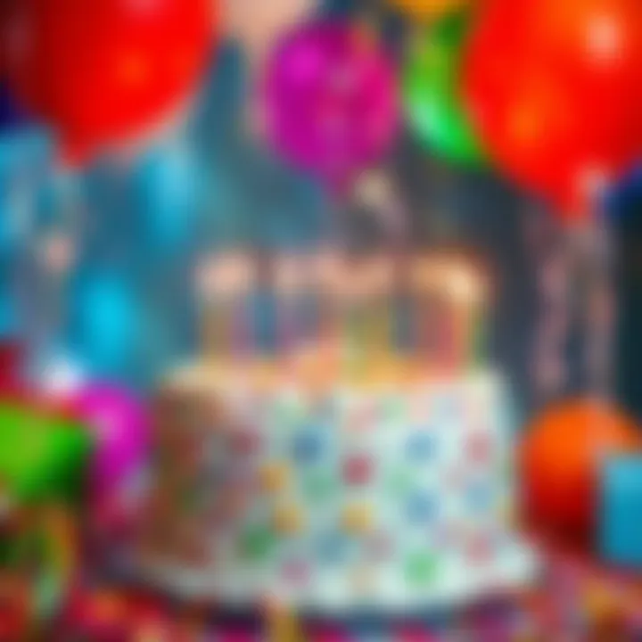 A colorful birthday cake with candles surrounded by party decorations and balloons, symbolizing a festive celebration.