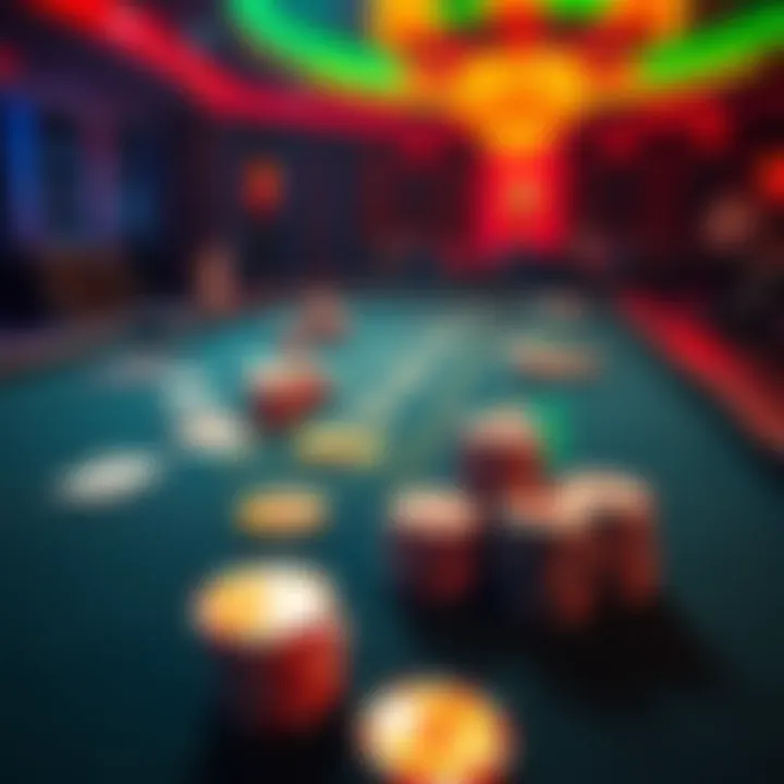 A vibrant bitcoin blackjack table with chips and cards, showcasing fair play and excitement among players