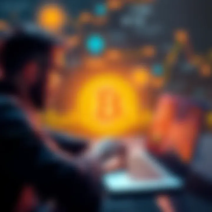 A person analyzing Bitcoin cash out options and tax requirements on a laptop with cryptocurrency graphics in the background