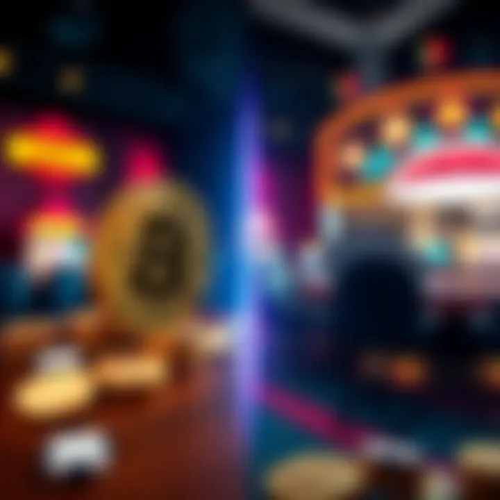 A split view showing a bitcoin casino on one side with digital coins and a fiat casino with cash on the other side, illustrating user preferences in gaming.