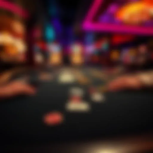 A blackjack table with cards and chips at a casino in Black Hawk, Colorado, featuring players enjoying a hand-shuffle, double deck game.