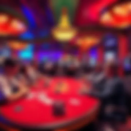 A lively blackjack tournament in Las Vegas with players at the table, focused on their cards and chips, surrounded by colorful lights and casino decor.