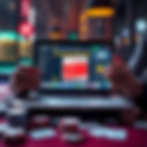 A developer showcasing a screen with a blackjack game creation tool on a laptop, surrounded by playing cards