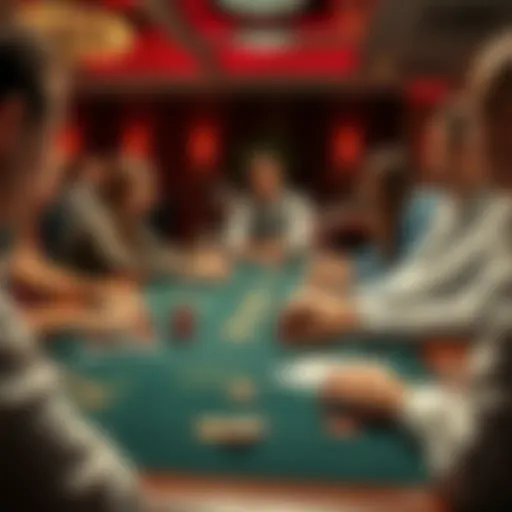 A group of people playing blackjack at a casino table, focusing on their cards and chips, with a dealer in the background