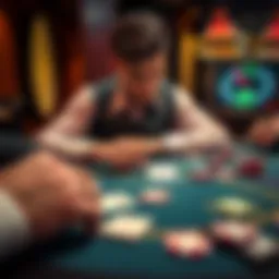 A player focusing on their bets at a blackjack table, with cards and chips in view, showcasing a strategic approach to winning.