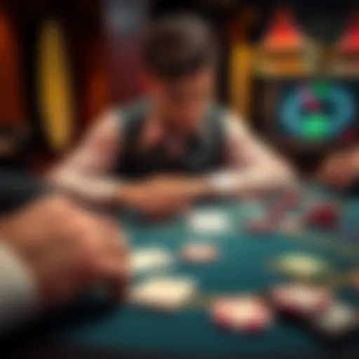 A player focusing on their bets at a blackjack table, with cards and chips in view, showcasing a strategic approach to winning.