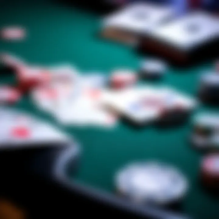 A close-up of a blackjack table with cards and chips arranged for play, showcasing strategies for improving skills