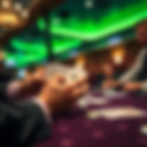 A blackjack dealer in a casino presenting a deck of cards to players, with chips on the table and an attentive player asking for a deeper cut.