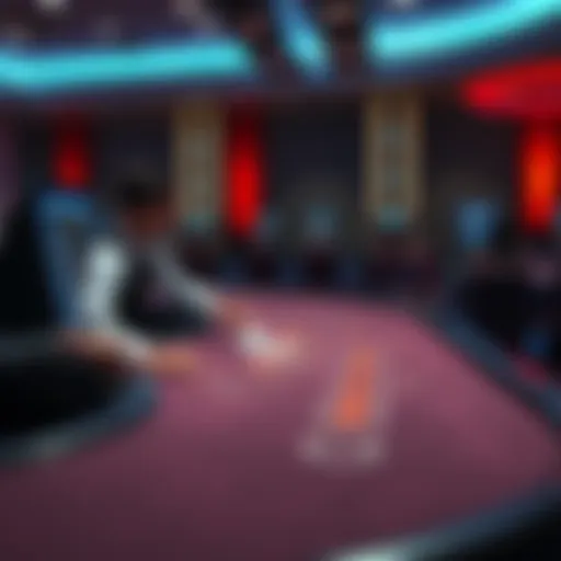 A classic blackjack table featuring a human dealer interacting with players, alongside a digital machine displaying game options.