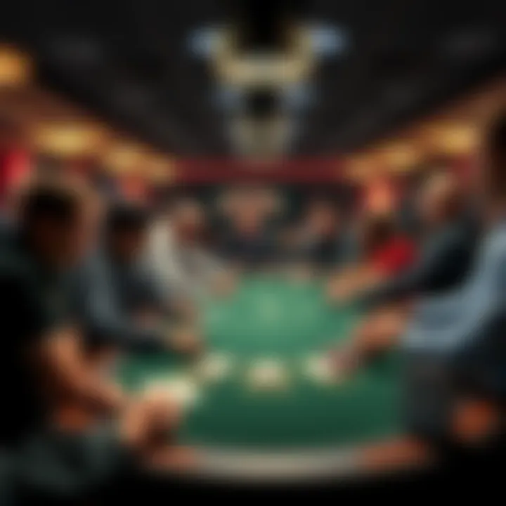 A crowded blackjack table showing players looking concerned while a dealer deals cards, reflecting tension in the game.