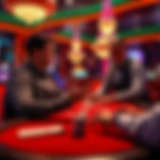 A player celebrates a surprising win at the Blackjack table while discussing with the pit boss about the hand's validity.