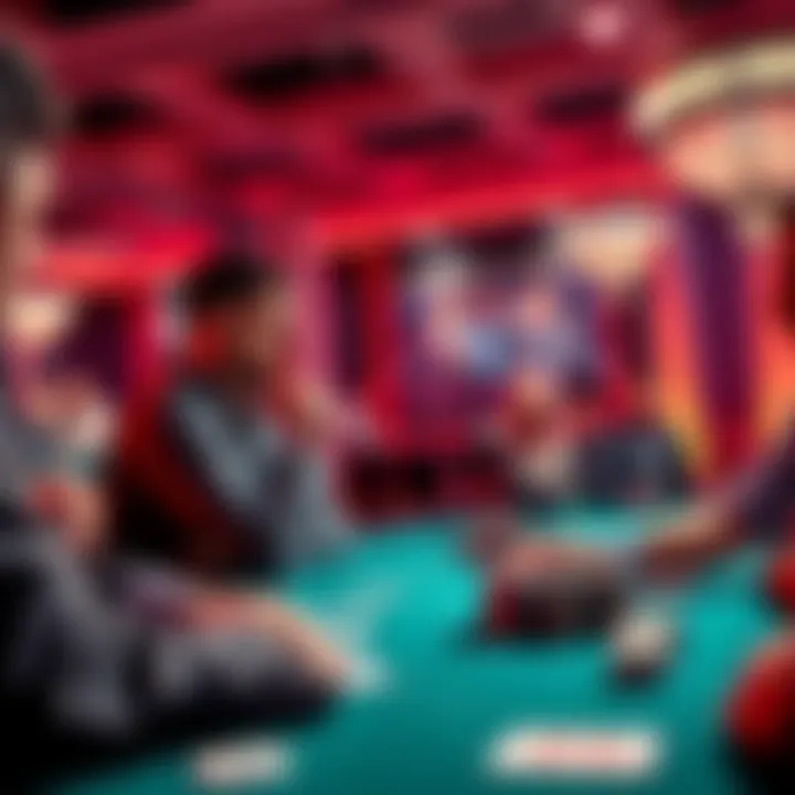 A blackjack table scene showing a player contemplating his next move with a hard 16 while the dealer shows a 10, surrounded by other players and chips.