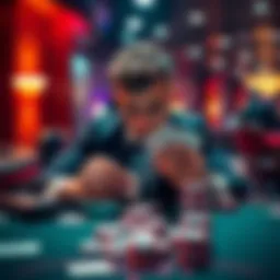 A focused player at a casino table practicing blackjack counting with cards in hand and chips in front, looking determined to reach their bankroll goal.