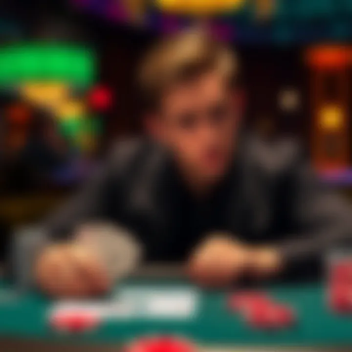 A blackjack player looks stressed while considering their hand of 16 against the dealer's 10, with cards and chips on the table.