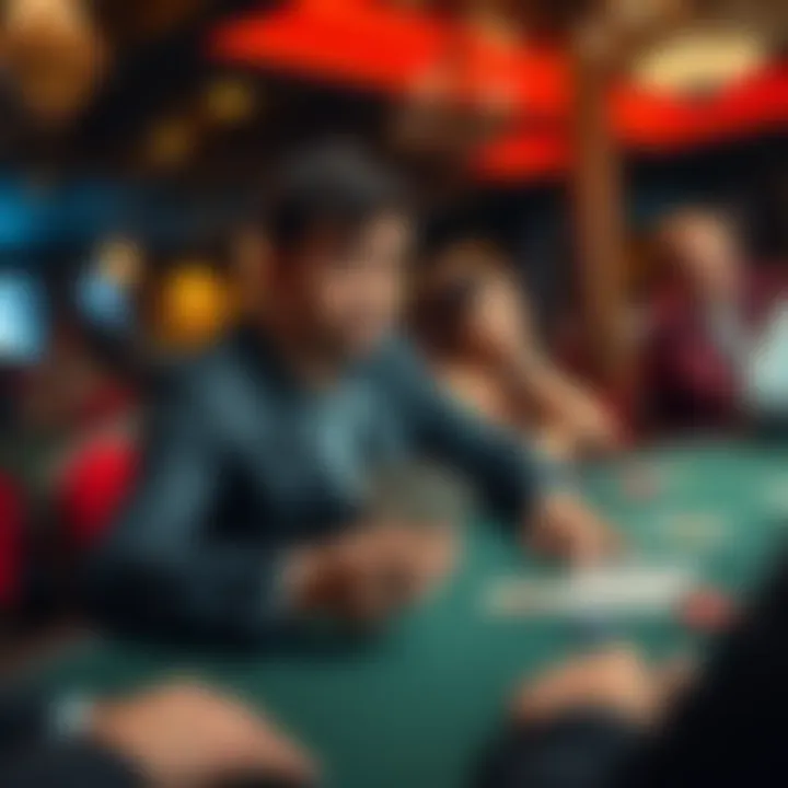 A player at a blackjack table showing a disappointed look after losing a hand, cards in hand, while an opponent celebrates hitting 21.