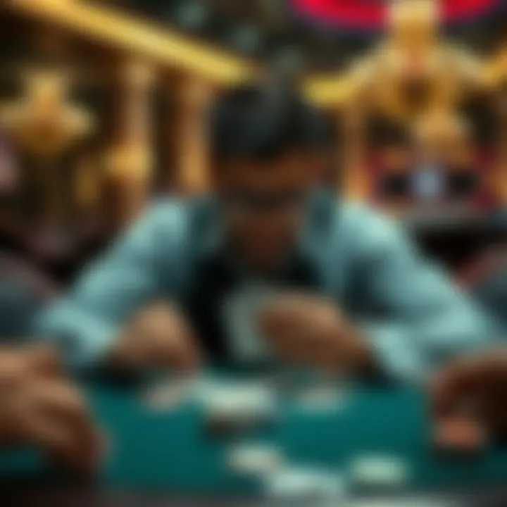 A new blackjack player focused on counting cards at a casino table, surrounded by playing cards and chips.