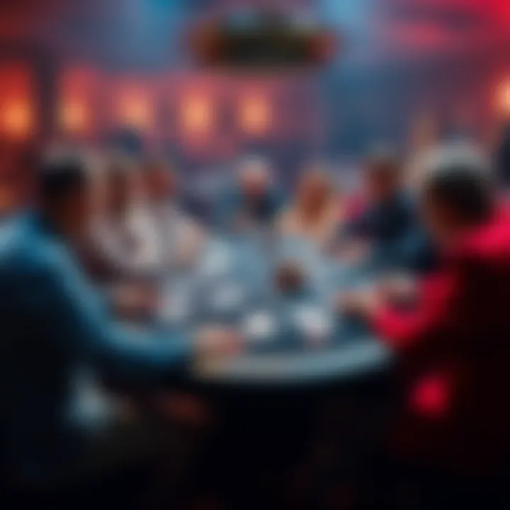 A group of blackjack players at a table discussing whether to split 4s against a 3, showing varied opinions and strategies, with cards and chips visible on the table.