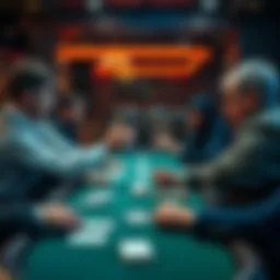 A group of players at a blackjack table discussing rules while one player gestures towards another's cards, creating a tense moment over etiquette.