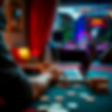 A person playing blackjack and poker on a laptop at home, with cards and chips on the table