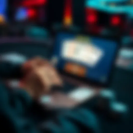 A person practicing card counting with an online blackjack simulator on a laptop, surrounded by playing cards and chips.