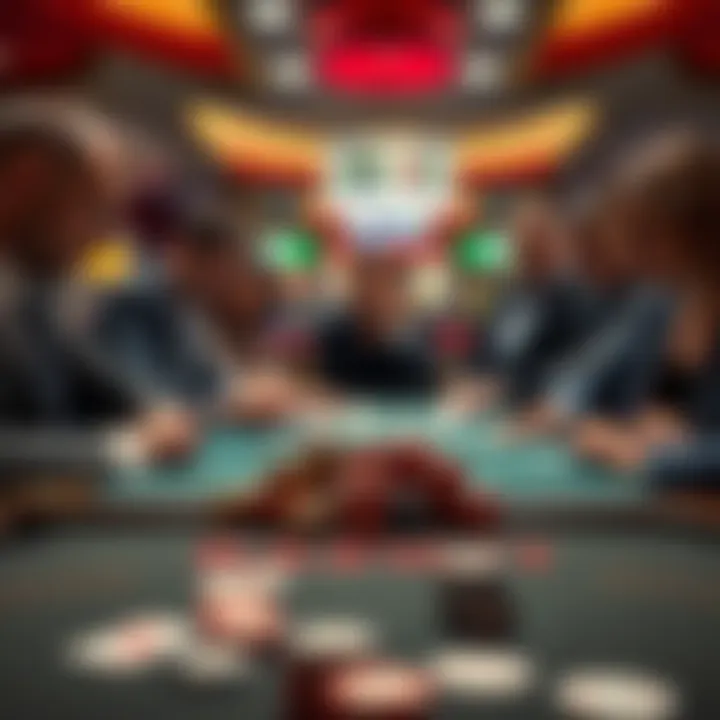 A group of people at a casino table assessing their blackjack skills with cards and chips in front of them.