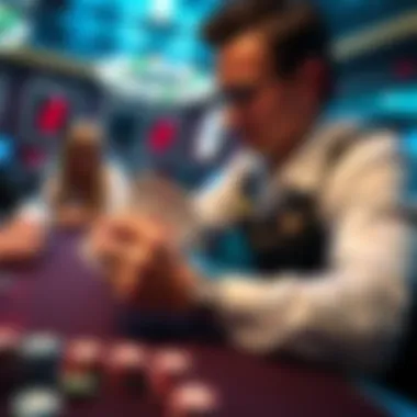 A player at a blackjack table splitting cards, focused on the game with concentration, surrounded by chips and other players.