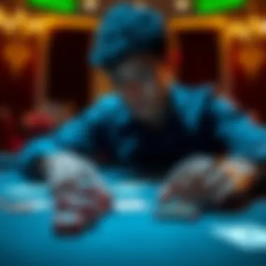 A person focused on a blackjack table, calculating bets using the martingale strategy, with chips and cards spread out in front of them.