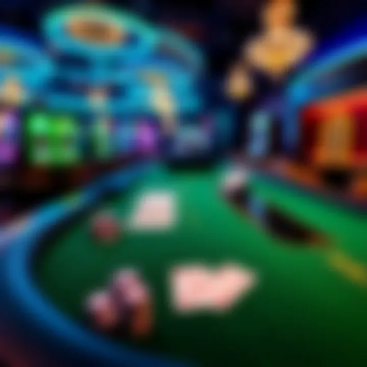 A vibrant blackjack table with green felt in a bustling Atlantic City casino, featuring cards and chips ready for play.