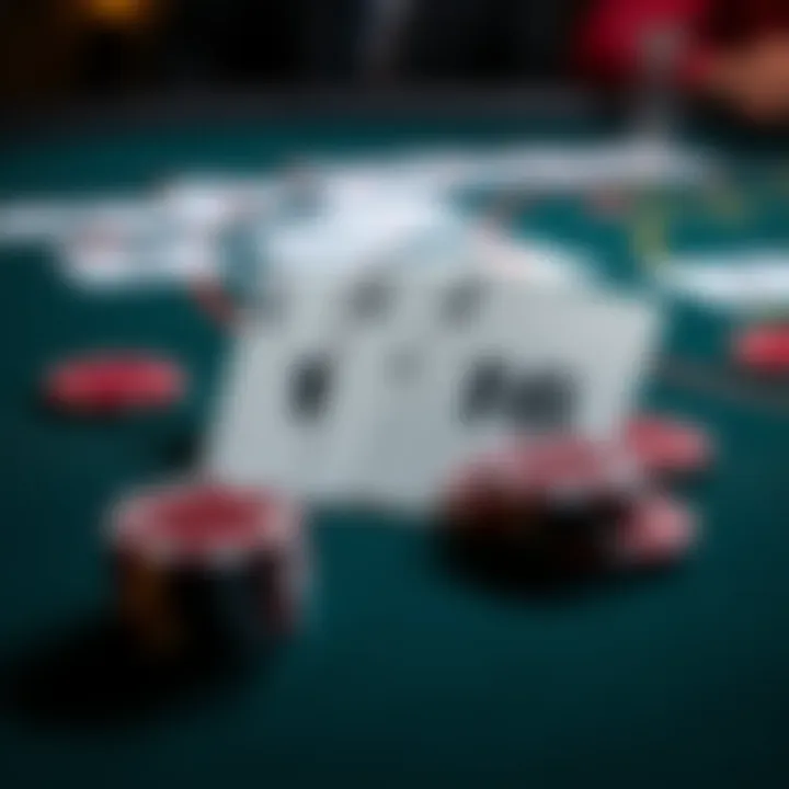 A close-up of a blackjack table showing cards totaling 16 and chips, representing a player considering their next move.