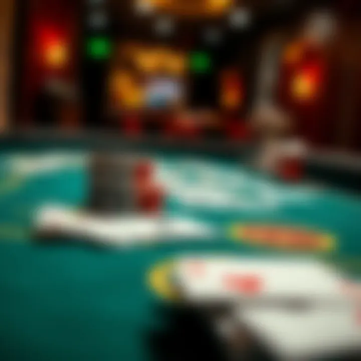 A close-up of a blackjack table showing cards and stacked chips, highlighting the game atmosphere