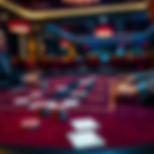 A blackjack table showing cards, chips, and a player contemplating their next move.