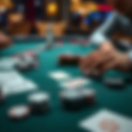 A close-up view of a blackjack table featuring cards, chips, and a focused player making a decision.