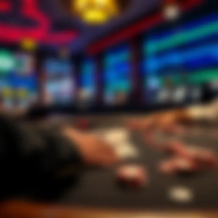 A person playing blackjack at a casino table, focusing on the cards and chips, with casino lights in the background.