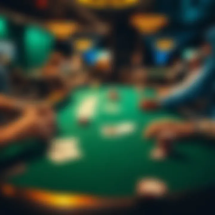 Blackjack table with cards and chips A blackjack table showing cards, chips, and players in a casino setting
