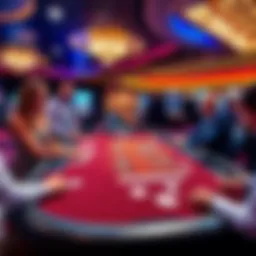 A blackjack table with players placing bets and a dealer dealing cards in a lively casino atmosphere