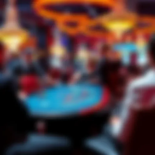 A lively blackjack table with players and a dealer in a casino setting.