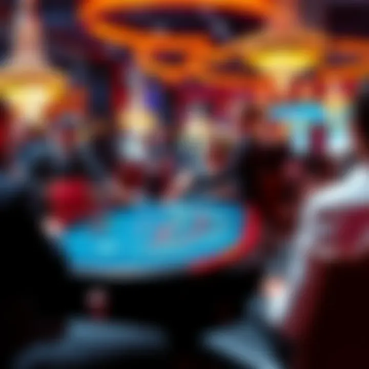 A lively blackjack table with players and a dealer in a casino setting.