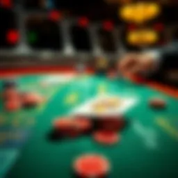 A close-up of a blackjack table showing colorful betting chips and a dealer's hand with cards facing down.