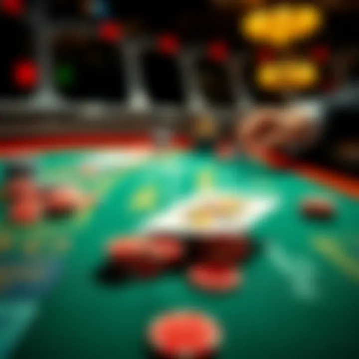 A close-up of a blackjack table showing colorful betting chips and a dealer's hand with cards facing down.