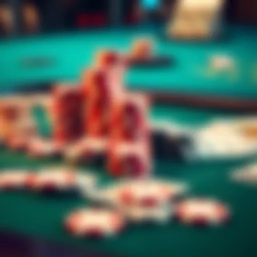 A blackjack table featuring stacked poker chips and playing cards, reflecting the excitement and tension of gambling.