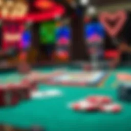 A close-up view of a blackjack table showing colorful chips and playing cards, depicting a gaming setup for players and bankrollers.