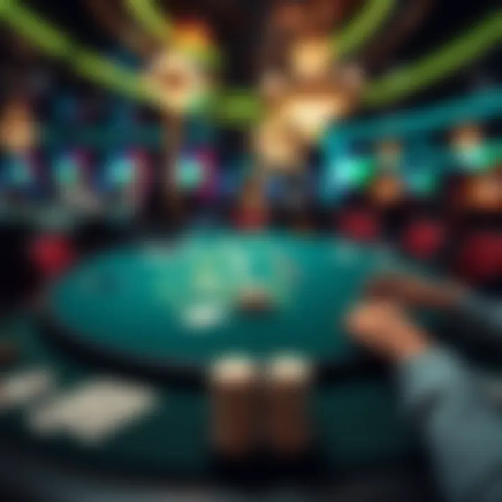 A blackjack table with players and cards in a lively Las Vegas casino atmosphere