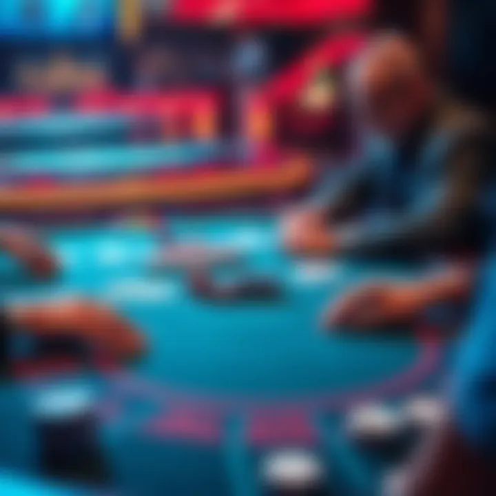 A blackjack table with players engaged in a game, showing cards and chips, capturing a moment of tension as one player debates a risky decision.