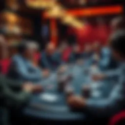 A group of players at a blackjack table analyzing dealer cards and discussing strategies